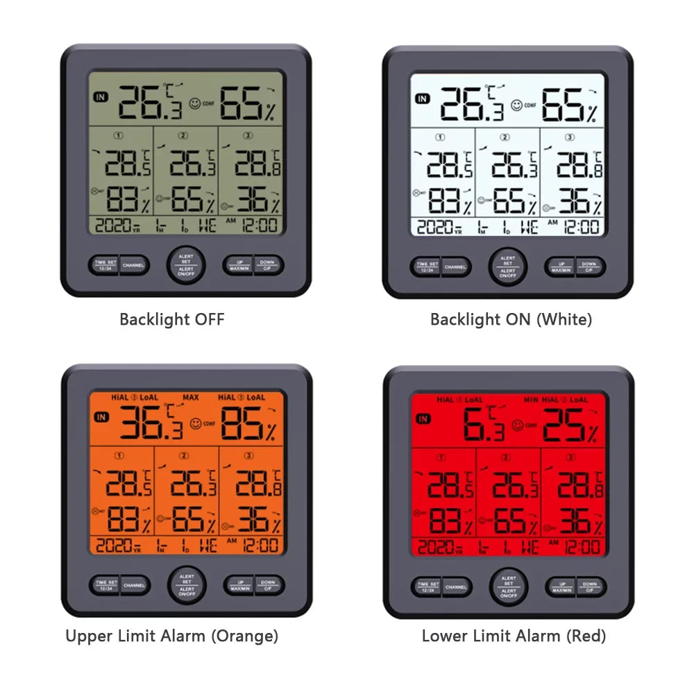 Anself Digital Wireless Indoor  Thermohygrometer with 3 Remote Sensors 98ft/ 30m Backlight & Calibration Function Humidity Monitor with 3 Transmitters Weather Stations for Home Office Gree