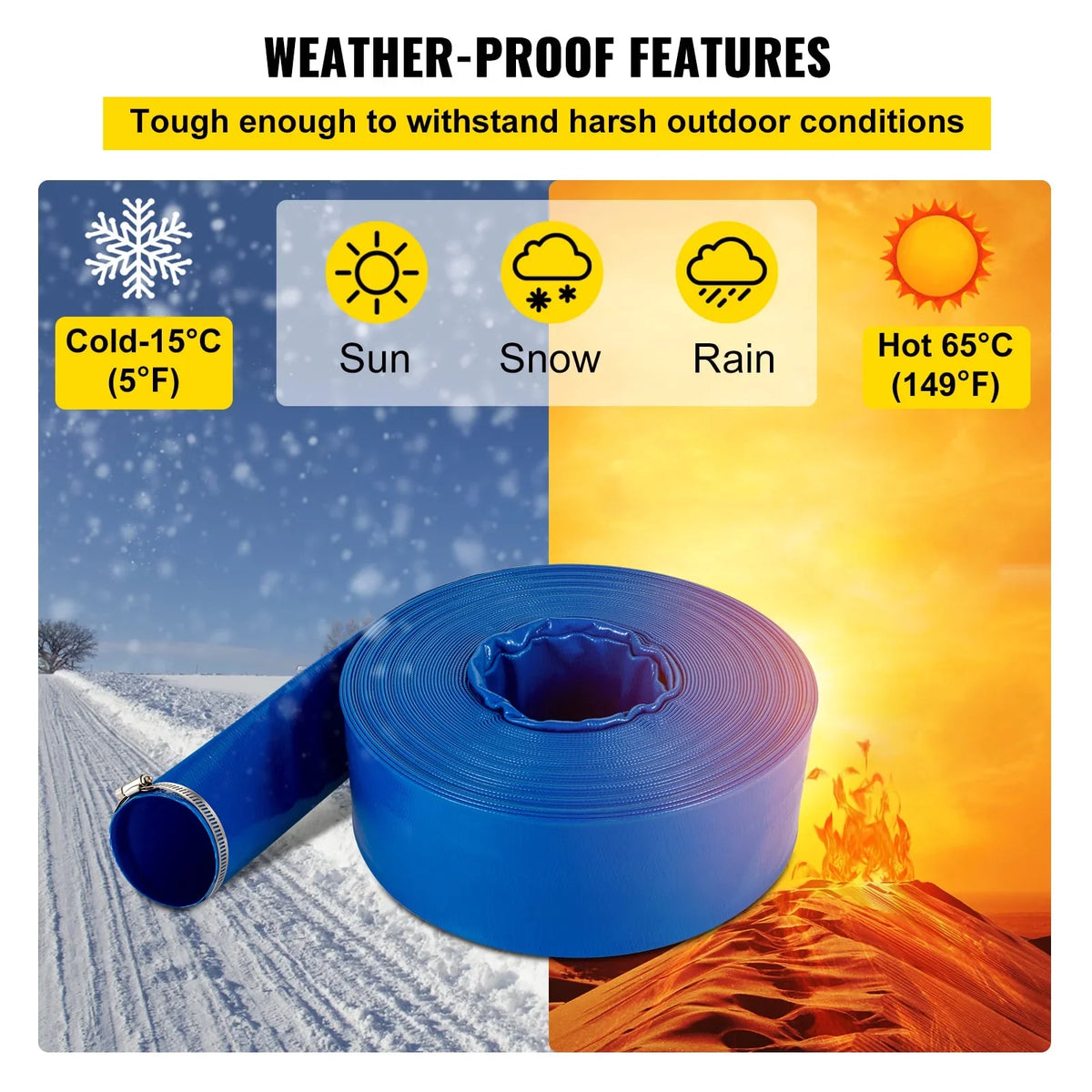 Discharge Hose, 3" x 105',  Fabric Lay Flat Hose, Heavy Duty Backwash Drain Hose with Clamps, Weather-proof & Burst-proof, Ideal for Swimming Pool & Water Transfer, Blue