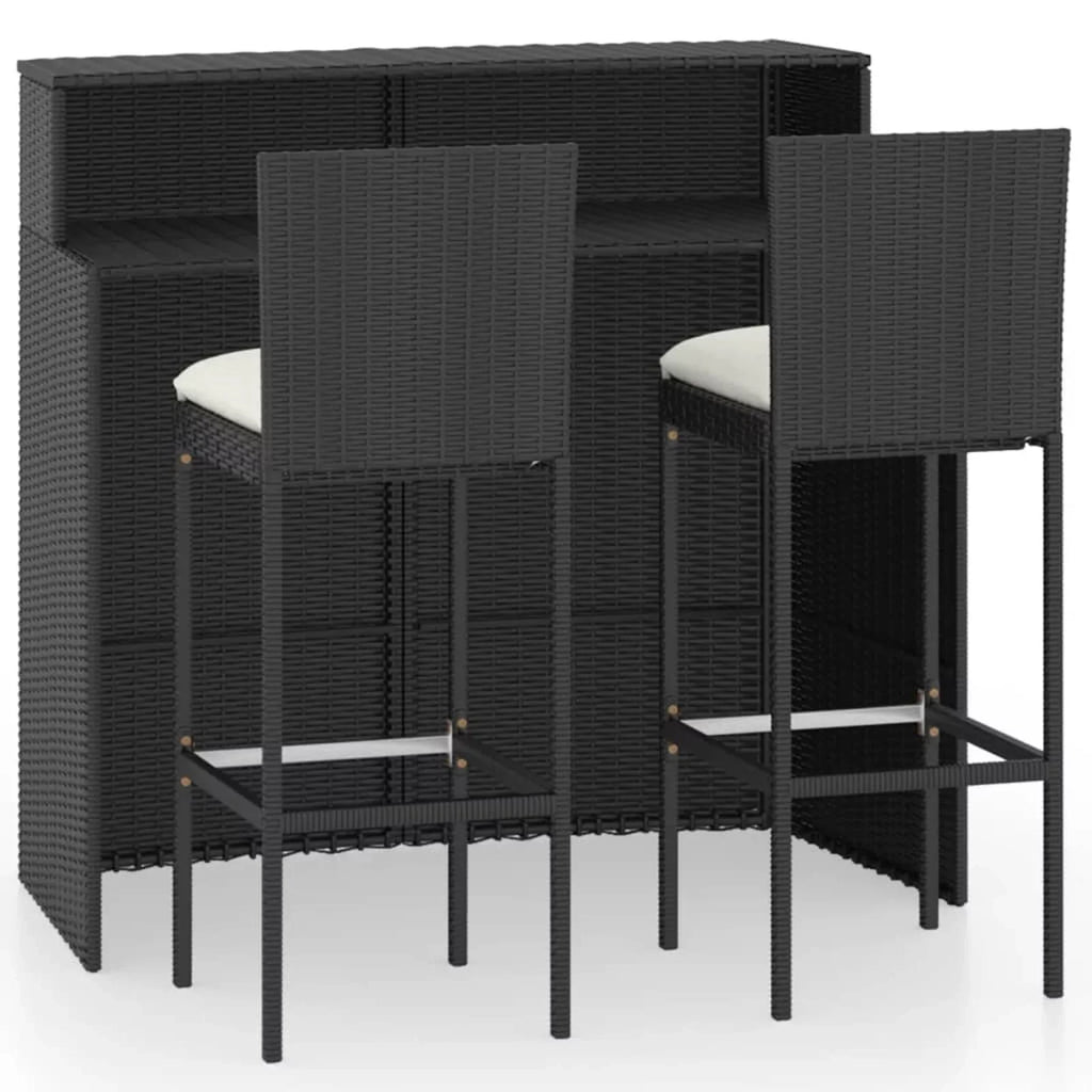 Anself 3 Piece Patio Bar Set Bar Table and 2 Cushioned Bar Stool Chair with Footrest and Backrest Black Poly Rattan for Patio, Balcony, Garden, Backyard, Outdoor Furniture