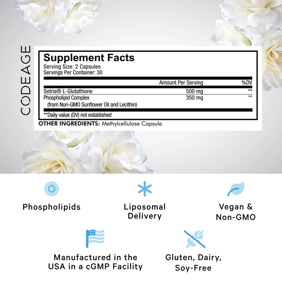 Codeage Liposomal Glutathione, Setria®  Glutathione Capsules, Phospholipid Complex, Vegan, Non-, 60 ct