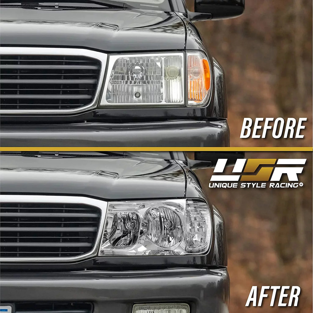 Headlights - Headlamps Set (Left + Right) Compatible with 1998-2005 Toyota Land Cruiser  100 (Euro Style with Clear Corner  Piece Design)