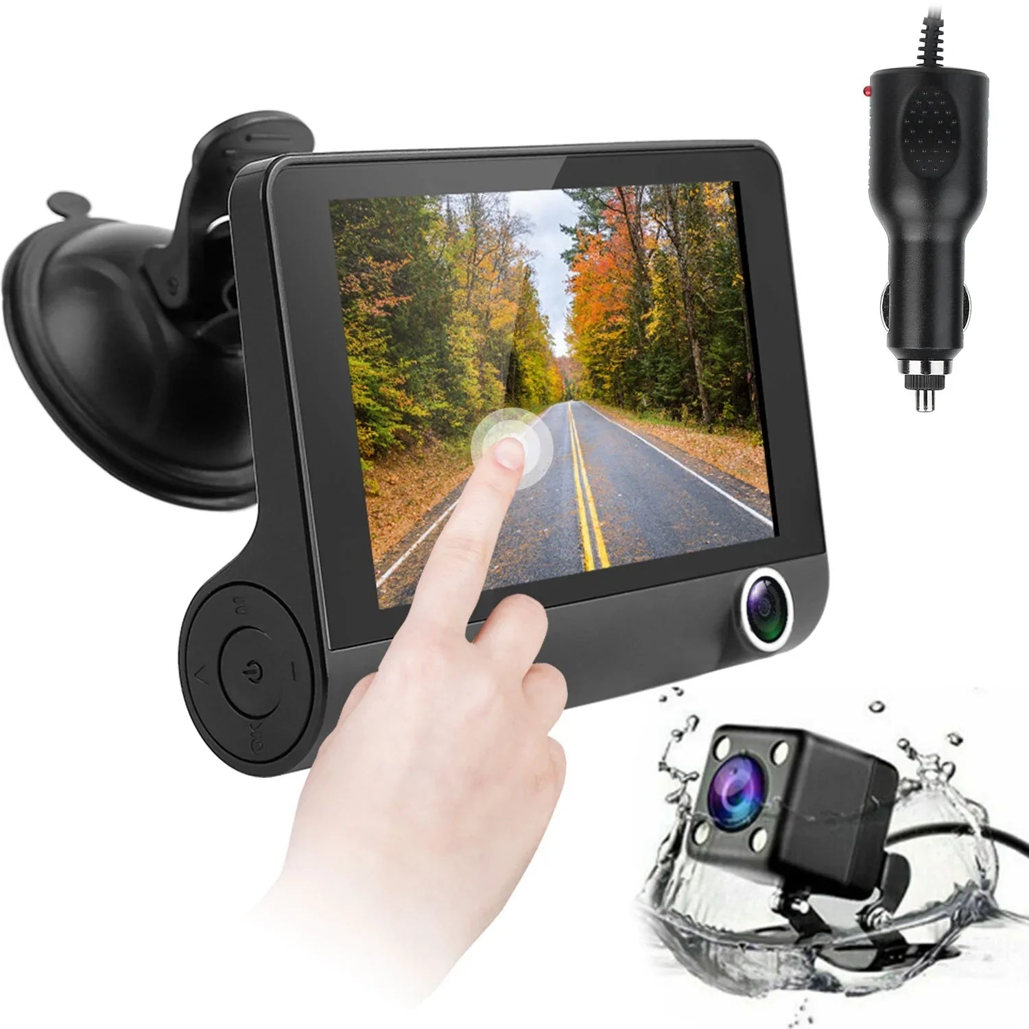 iMounTEK Car Recorder,  1080P 4in Touch Screen Car  Dash Camera 3 Lens Vehicle Driving Recorder Seamless Loop Recording with 32.8ft Rear Camera Wire, Black