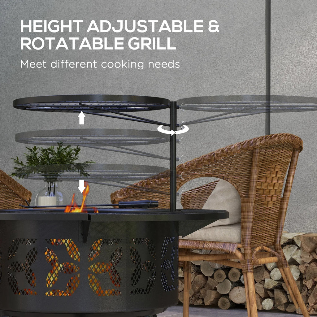 Capri 33" Outdoor Fire Pit  Grill Wood Burning Firepit with Adjustable Cooking Grate and Poker, Round, for Backyard, Patio, Picnic, Black