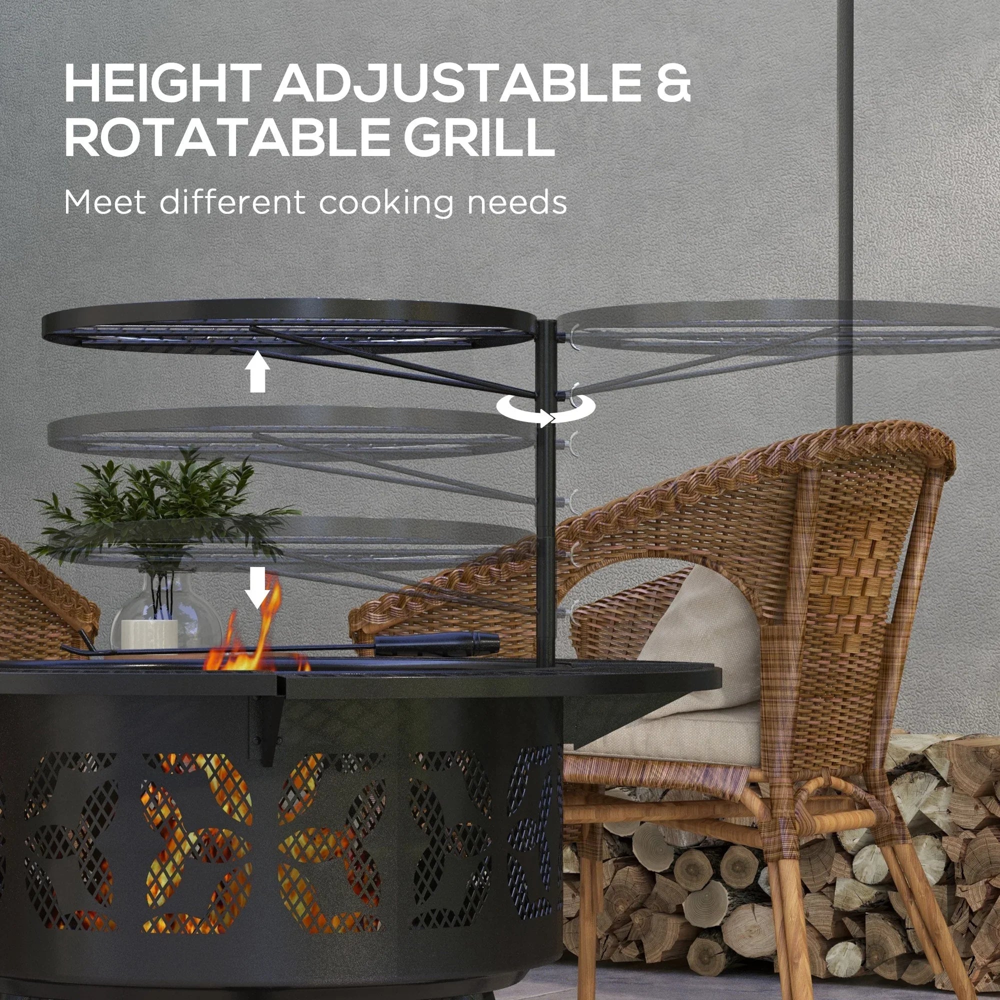 Capri 33" Outdoor Fire Pit  Grill Wood Burning Firepit with Adjustable Cooking Grate and Poker, Round, for Backyard, Patio, Picnic, Black