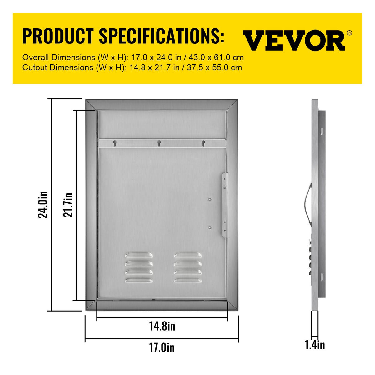 Access Door 17x24 inch Stainless Steel Single Vertical Island Door with Vents for Storage