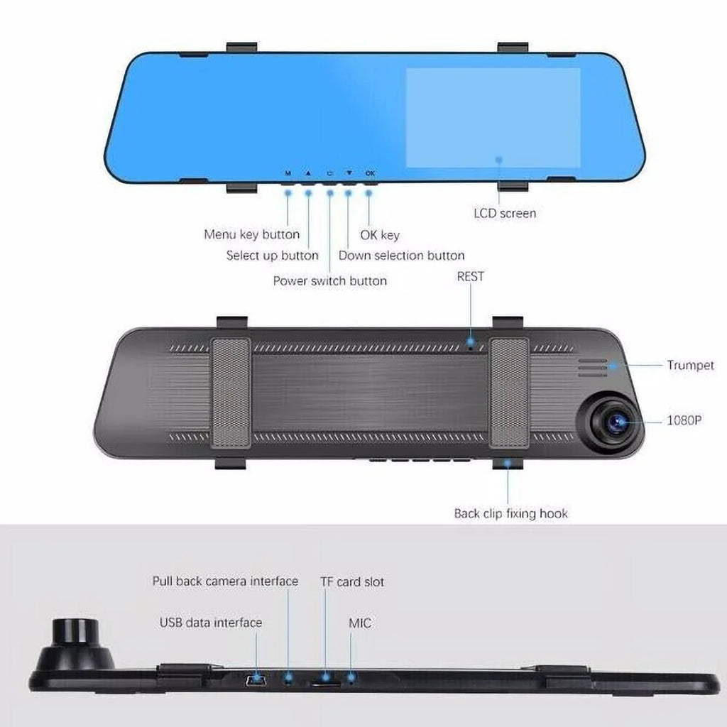 Teledu 1080P Rearview Mirror Car  Dual Dash Cam Camera Front Rear  Video Recorder