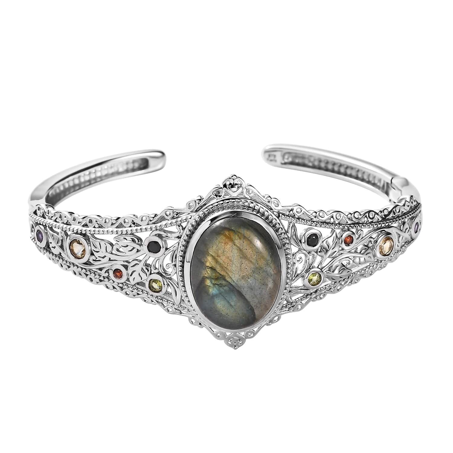 Shop  Labradorite Multi Gemstone Oval Platinum Plated Cuff Bangle Bracelet for Women Jewelry Size 7.25" Ct 15.05 Birthday Mothers Day Gifts for Mom