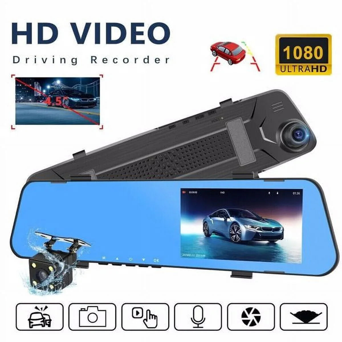 Teledu 1080P Rearview Mirror Car  Dual Dash Cam Camera Front Rear  Video Recorder