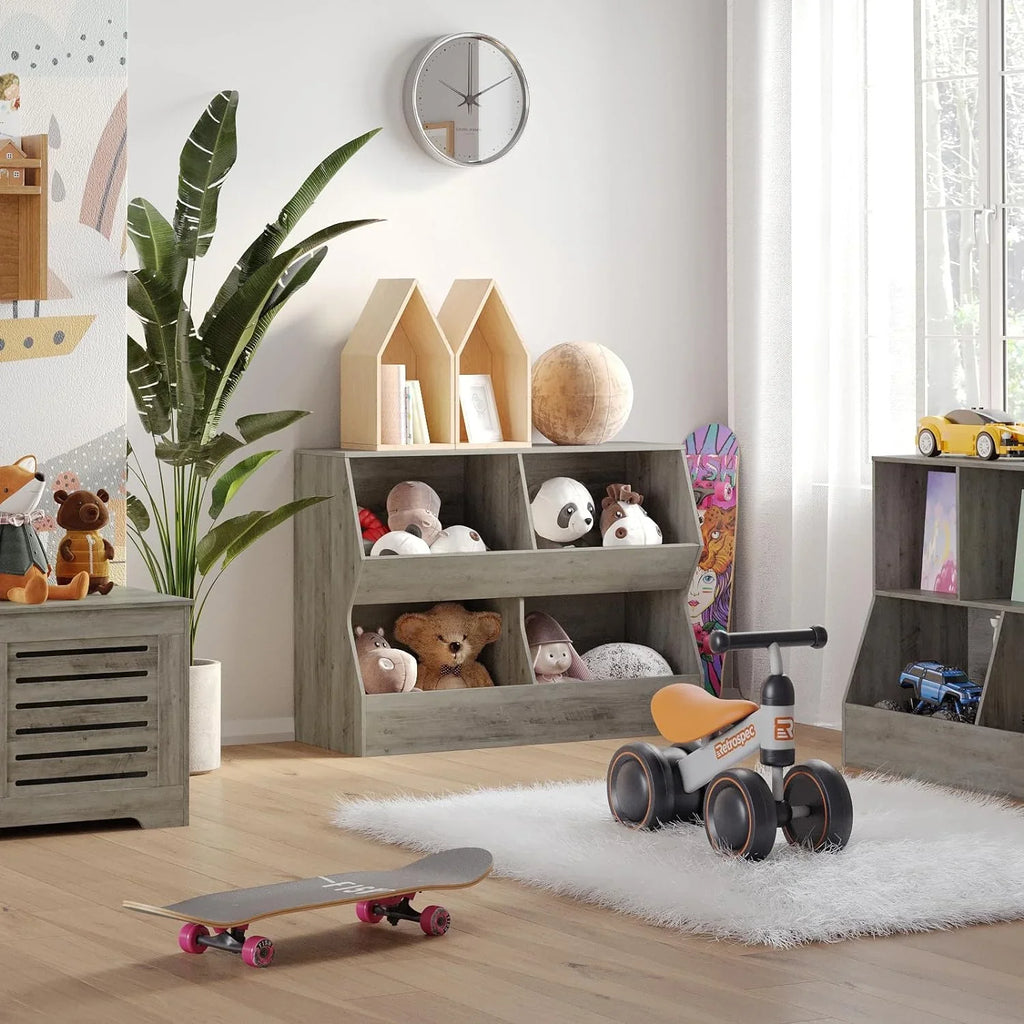 Kids , Toy Storage Organizer, Wooden Toy Storage Cabinet, 4 Cubby Children Bookcase, Toddler Book Toy Shelf for Bedroom, Nursery, Hallway, School, 39.4" Long, Gray Wash