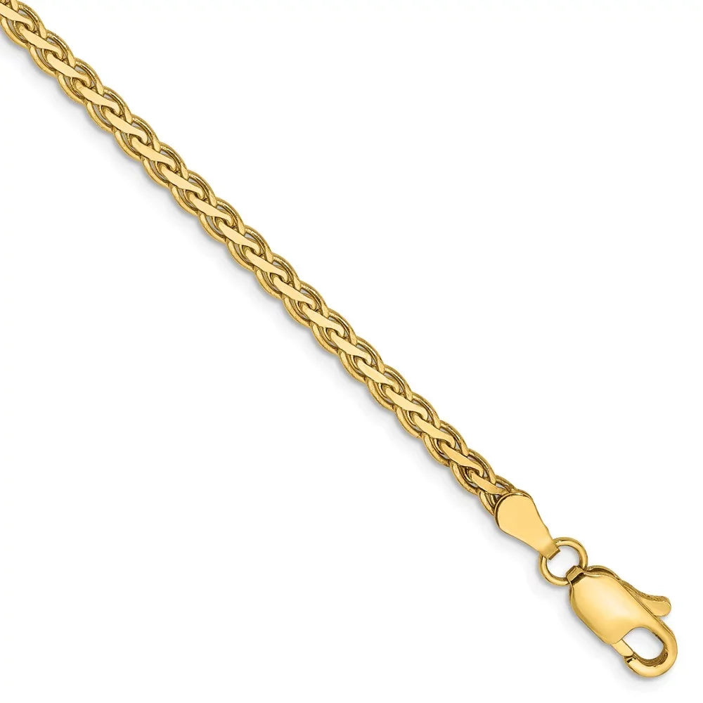Real 14kt Yellow Gold 3mm Flat Wheat Chain Chain Bracelet; 7 inch; Lobster Clasp; for Adults and Teens; for Women and Men