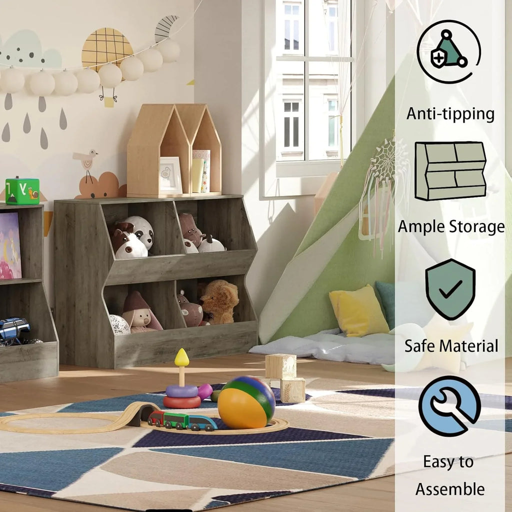 Kids , Toy Storage Organizer, Wooden Toy Storage Cabinet, 4 Cubby Children Bookcase, Toddler Book Toy Shelf for Bedroom, Nursery, Hallway, School, 39.4" Long, Gray Wash