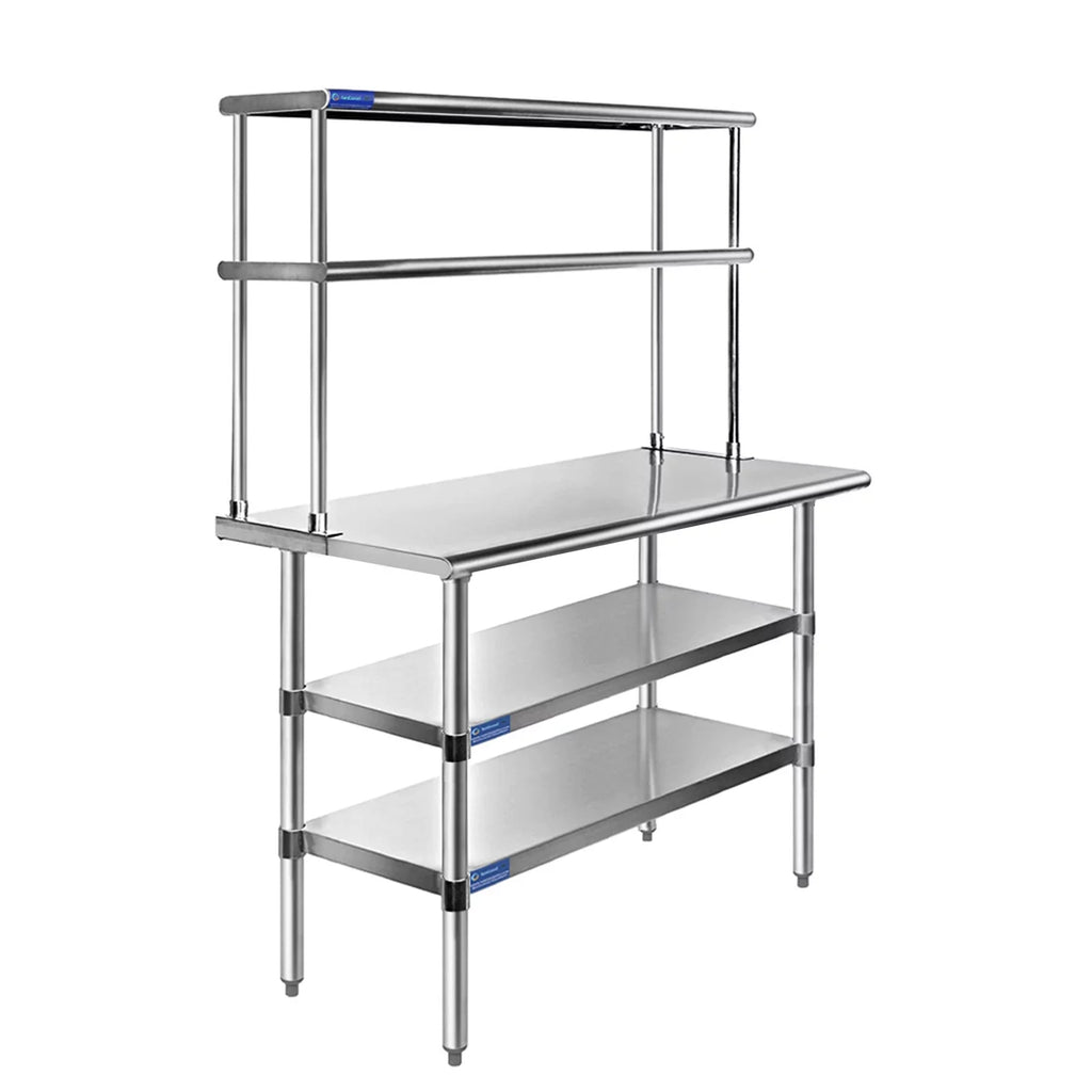 24" x 48" Stainless Steel Work Table With Two Shelves | 12" Wide Double Tier Overshelf | Metal Kitchen Prep Table & Shelving Combo