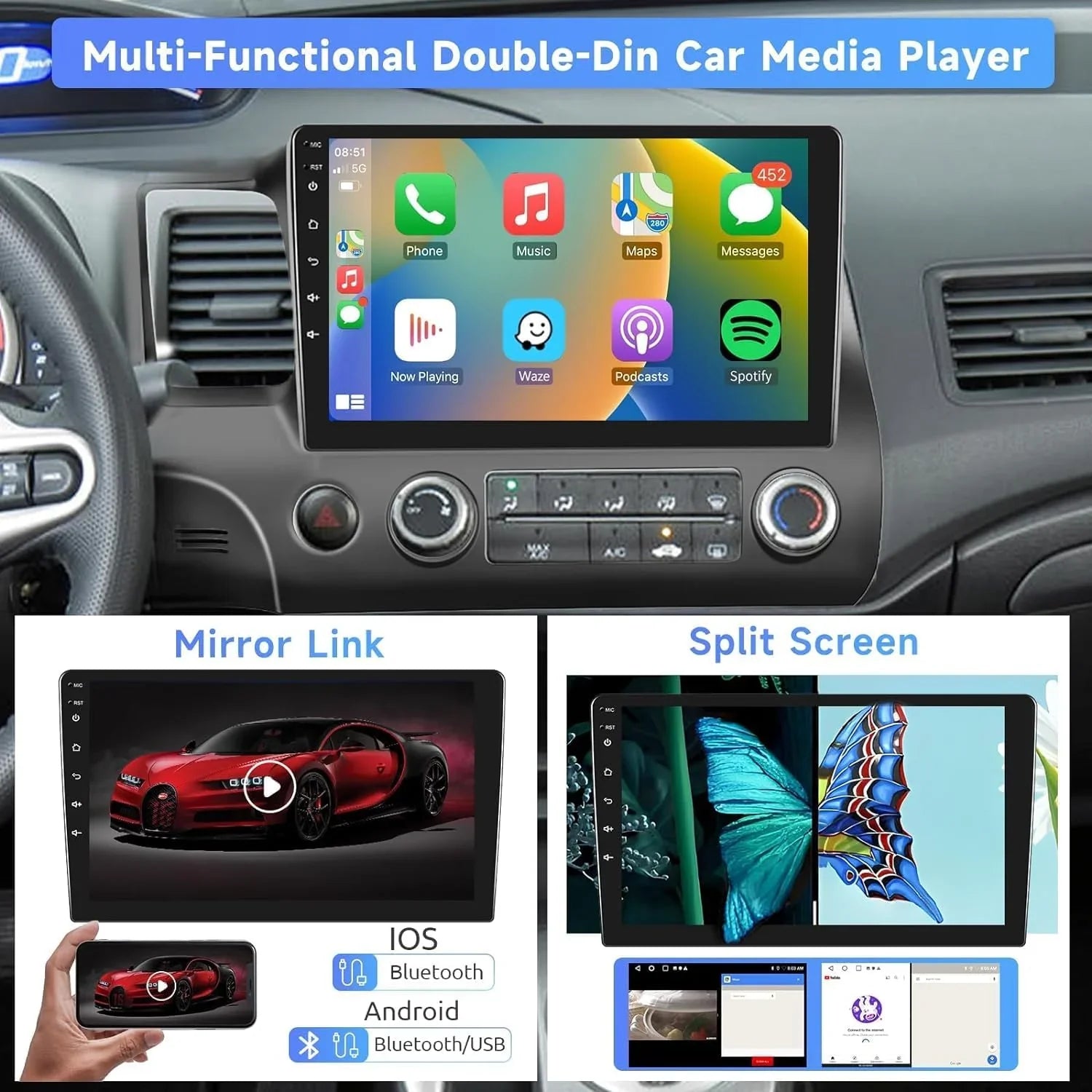 10" Car Stereo Radio w/Carplay Android Auto for Nissan Xtrail Qashqai Rogue 2014-2019 Double Din Android 13 Touchscreen Audio Receiver w/WiFi  Navigation Bluetooth Backup Camera Mic- 2+32G