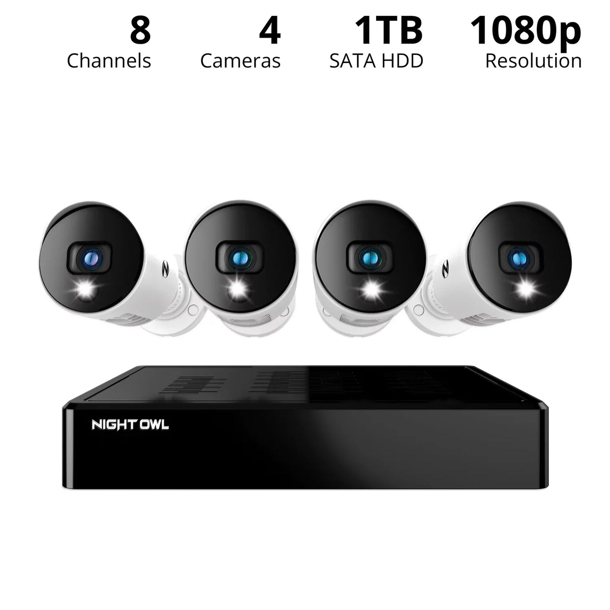 Night Owl Bluetooth 8 Channel  with 1TB Hard Drive, and 4 Wired 1080p  Spotlight Security Cameras, Outdoor,  Connector