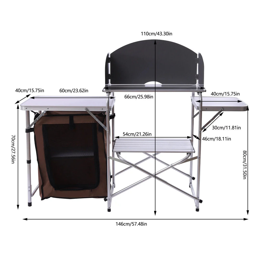 Folding Camping Kitchen Station Portable Barbecue Table Rack Brown Fabric Cover