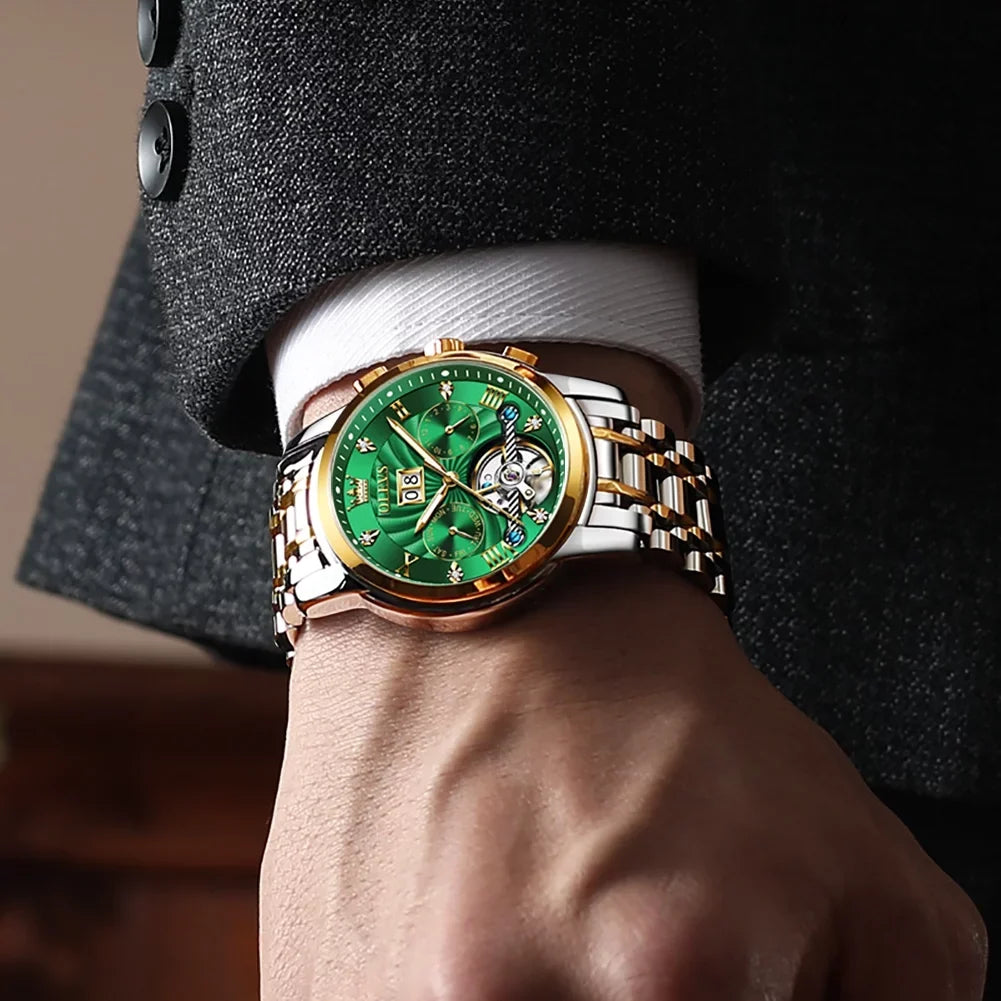 Automatic Watches for Men Luxury Business Dress Mens Watches Diamond Skeleton Self-Winding Stainless Steel Band