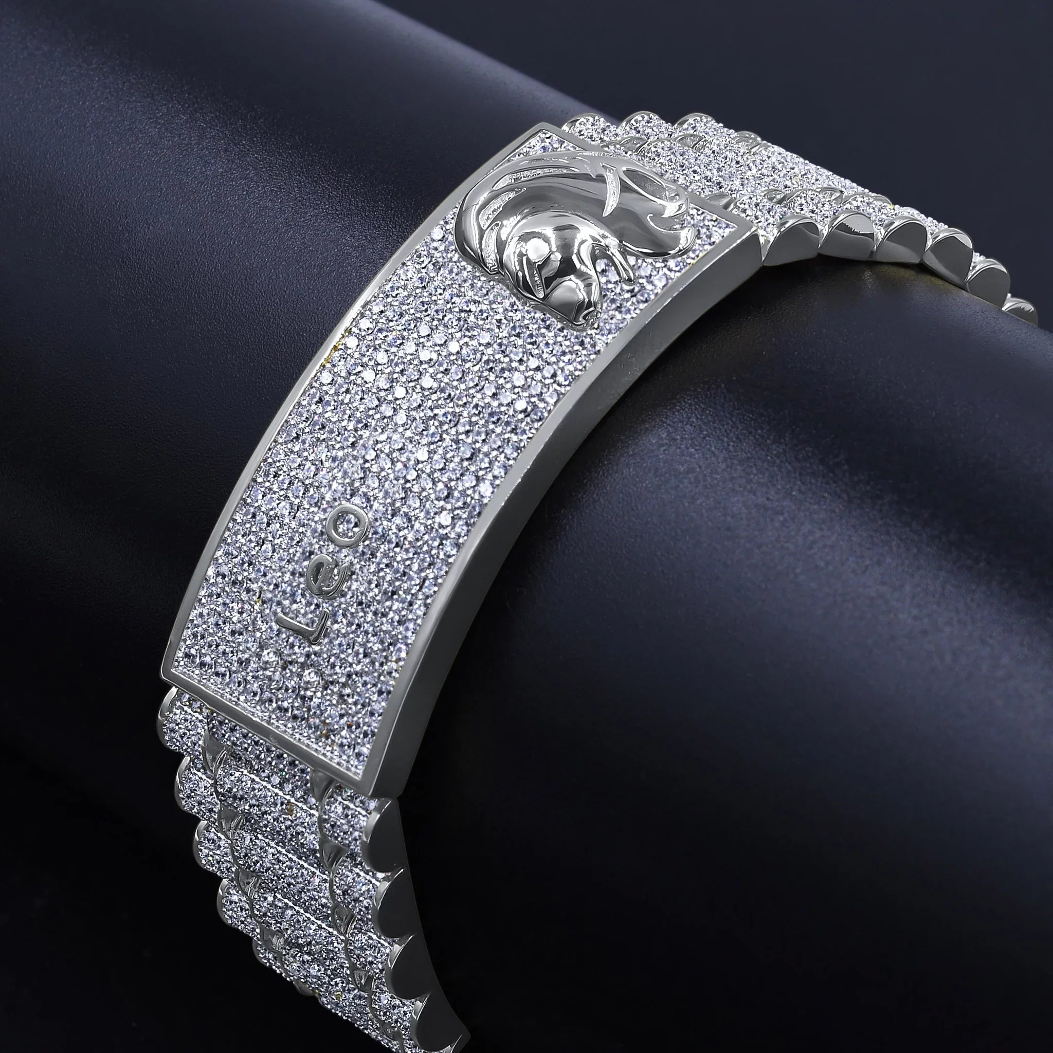 Zodiac Sign Leo Lion 14K White Gold Finish Simulated Diamond Mens Link Bracelet 8.5''