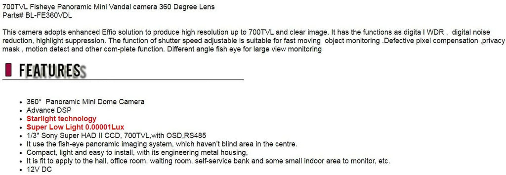 700TVL Fisheye Analog Panoramic Mini Vandal Security camera 360 Degree Low Light