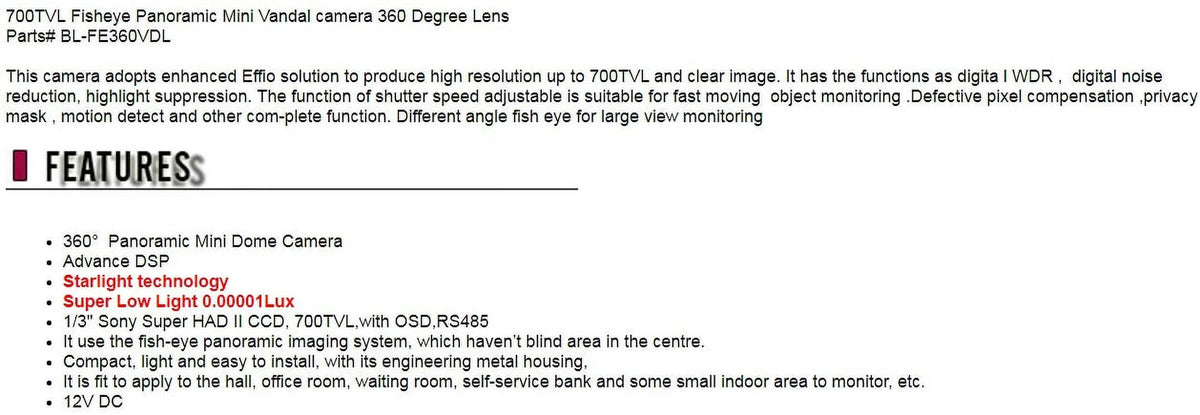 700TVL Fisheye Analog Panoramic Mini Vandal Security camera 360 Degree Low Light