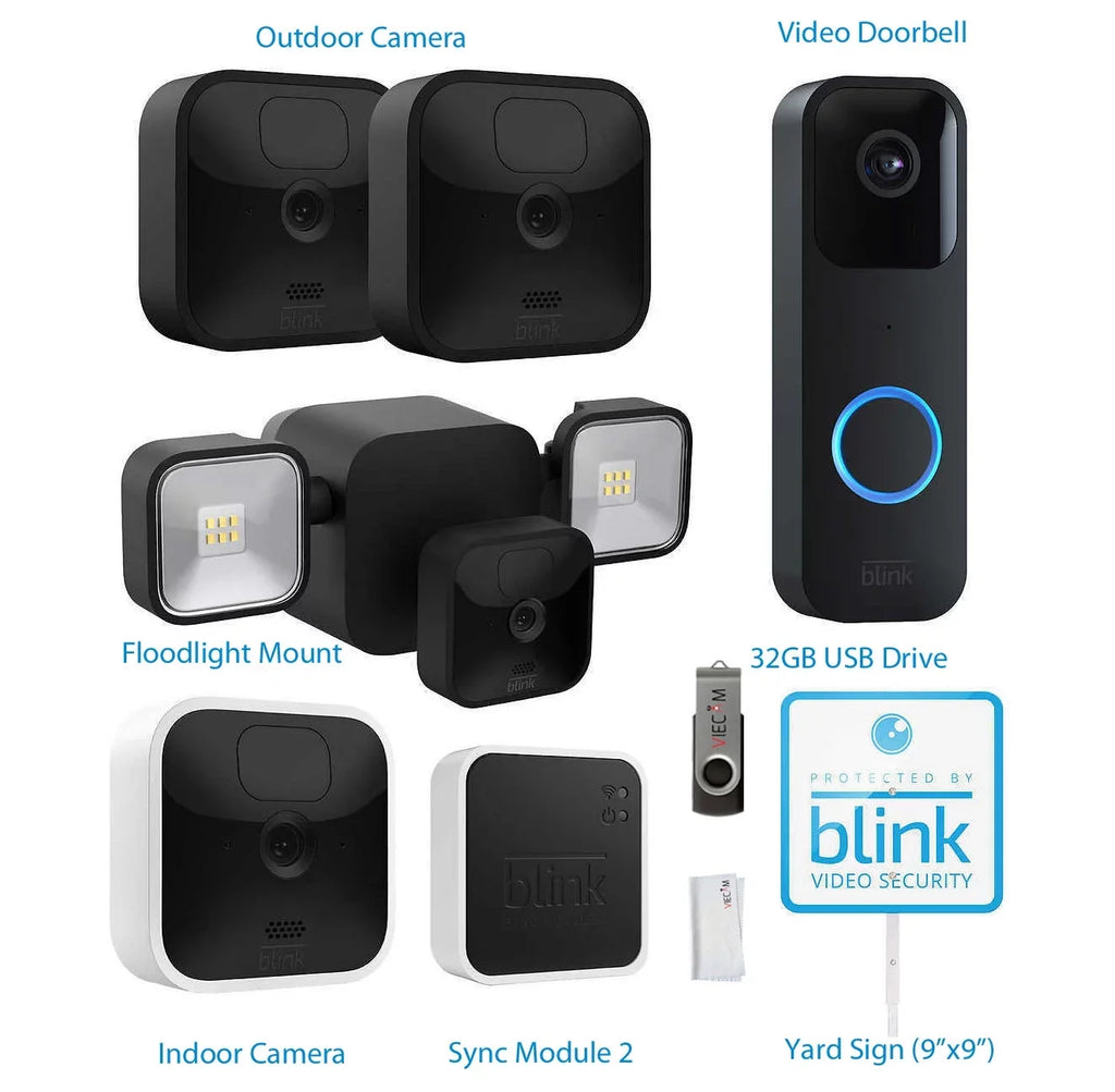 Blink_Outdoor Whole Home Bundle, 1 Floodlight Mount, 3 Outdoor & 1 Indoor Cameras, Video Doorbell +  32GB  Drive & Cleaning Cloth