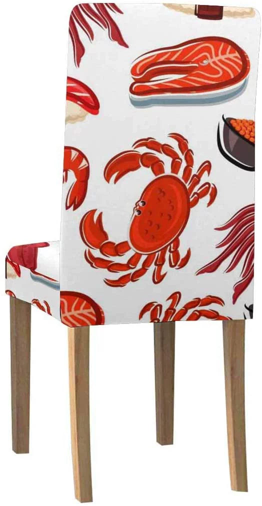 Salmon Steaks Shrimps Crabs Squids Sushi Stretch Chair Cover Protector Seat Slipprotective for Dining Room Hotel Wedding Party Set of 4
