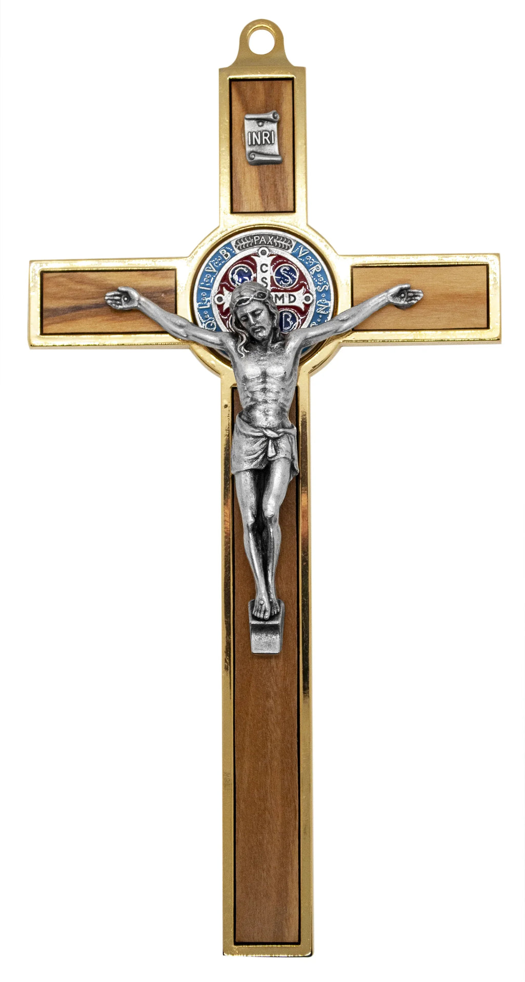 7.75" Gold-Tone St. Benedict Crucifix with Wood Inlays and Colored Medal