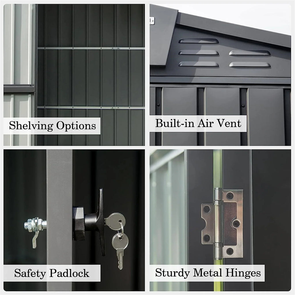Homiyad Outdoor Storage Shed 10' 8', Metal Garden Shed for Bike, Trash Can, Tools, Galvanized Steel Outdoor Storage Cabinet with Lockable Door for Backyard, Patio, Lawn (10X8ft, Black)