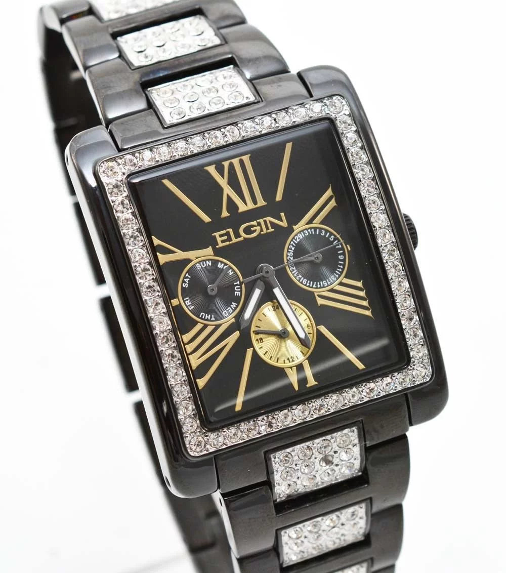 New Elgin Men`s Black  Crystal Band & Dial Multifunction Quartz Watch