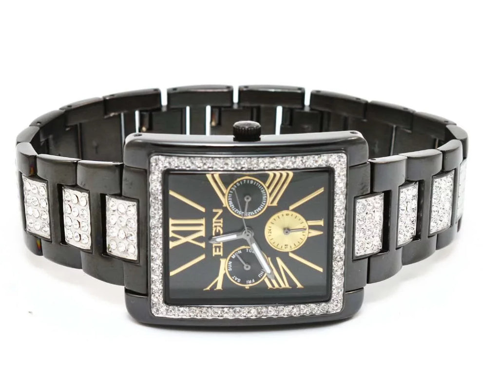 New Elgin Men`s Black  Crystal Band & Dial Multifunction Quartz Watch