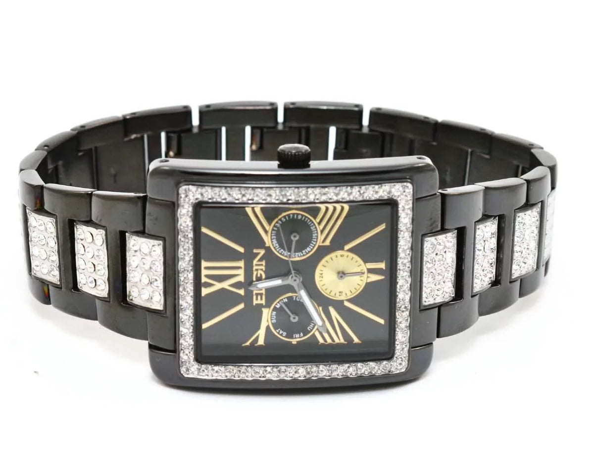 New Elgin Men`s Black  Crystal Band & Dial Multifunction Quartz Watch