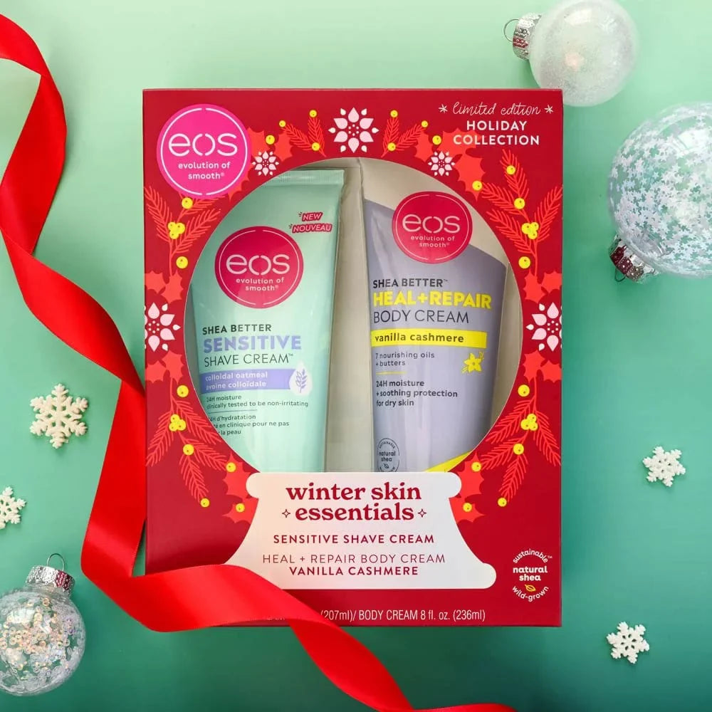 eos Vanilla Cashmere Holiday Collection Winter Skin Essentials, 2 Pcs Shea Butter Sensitive Skin Shave Cream (7oz) & Shea Butter Heal/Repair Body Cream (8oz)