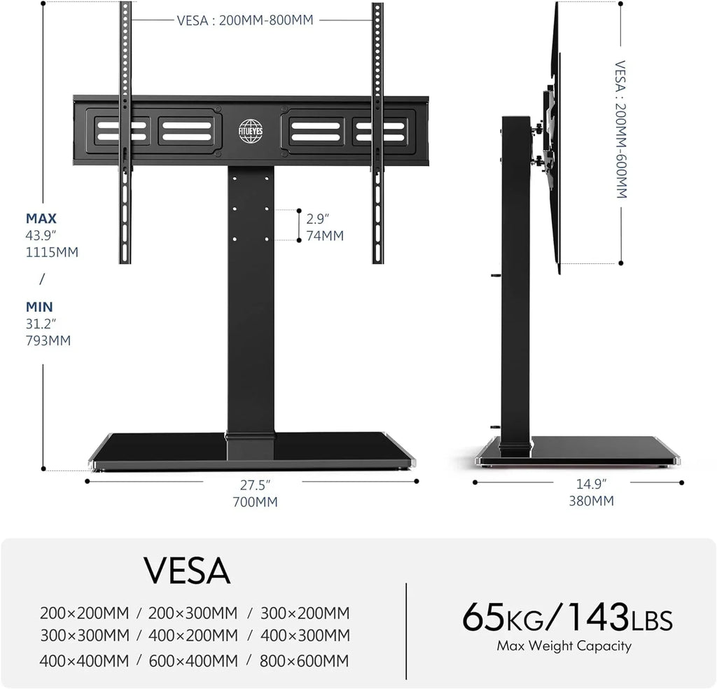 Universal  Stand/Base Swivel Tabletop  Stand with Mount for 50 to 85 inch Flat Screen  100 Degree Swivel  4 Level Height Adjustable Tempered Glass Base Holds up to 143 lb