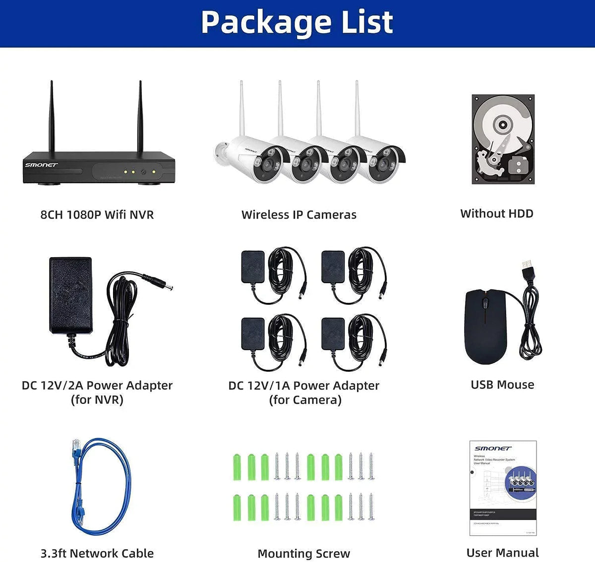 3MP Wireless Security Camera Systems No Hard Drive,  4PCS 8 Channel WiFi Surveillance  Kits, Indoor Outdoor  Cameras,  Camera System,Night Vision, Human Detection with Audio