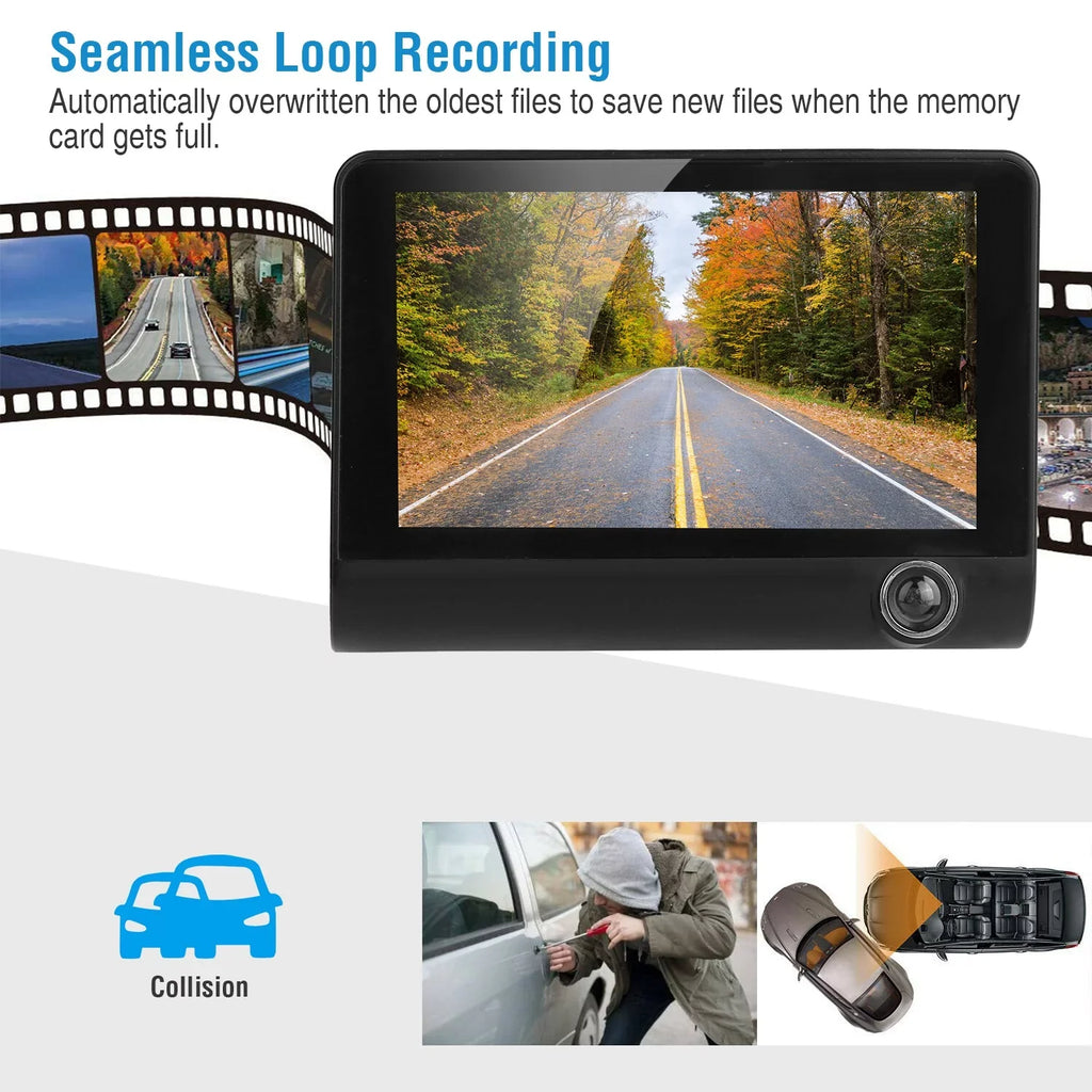 iMounTEK Car Recorder,  1080P 4in Touch Screen Car  Dash Camera 3 Lens Vehicle Driving Recorder Seamless Loop Recording with 32.8ft Rear Camera Wire, Black