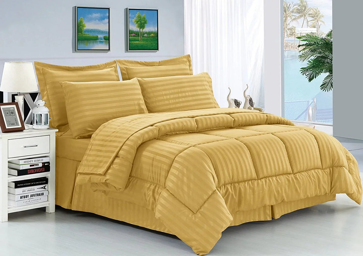 Celine Linen Wrinkle Resistant - Silky Soft Dobby Stripe Bed-in-a-Bag 8-Piece Comforter Set - King Gold
