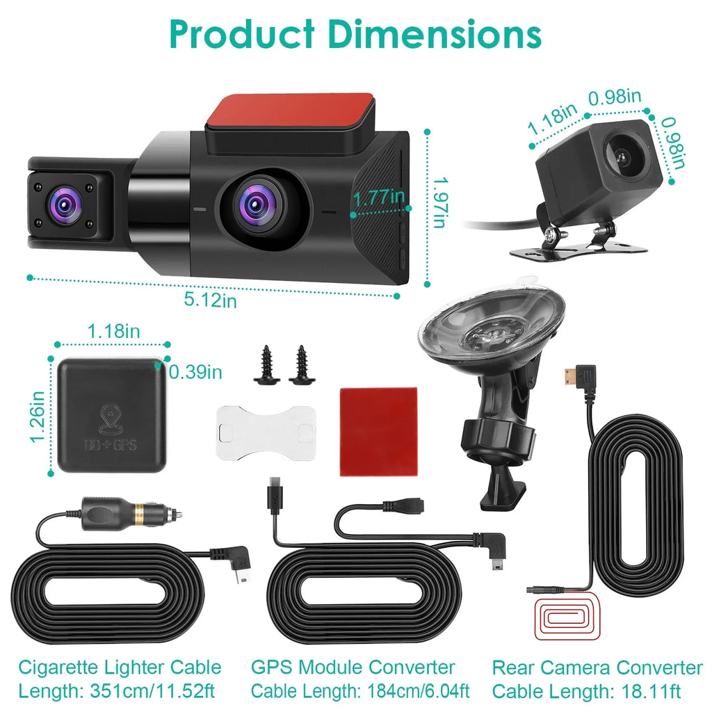 Dash Cam Front and Rear Inside with 3 Channel, iMounTEK 1080P Dash Camera for Cars, with 140° Vew  Night Vision, Loop Recording, -Sensor, Parking Monitor