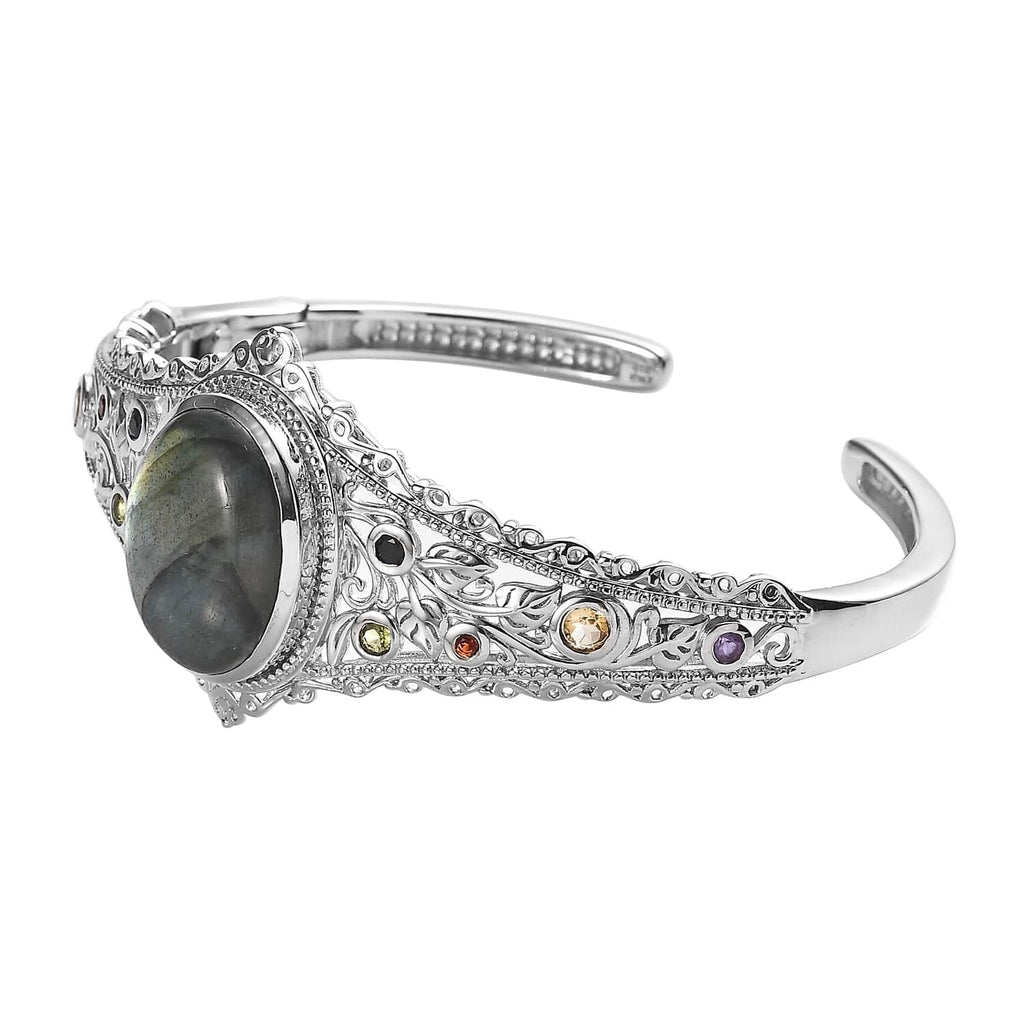 Shop  Labradorite Multi Gemstone Oval Platinum Plated Cuff Bangle Bracelet for Women Jewelry Size 7.25" Ct 15.05 Birthday Mothers Day Gifts for Mom