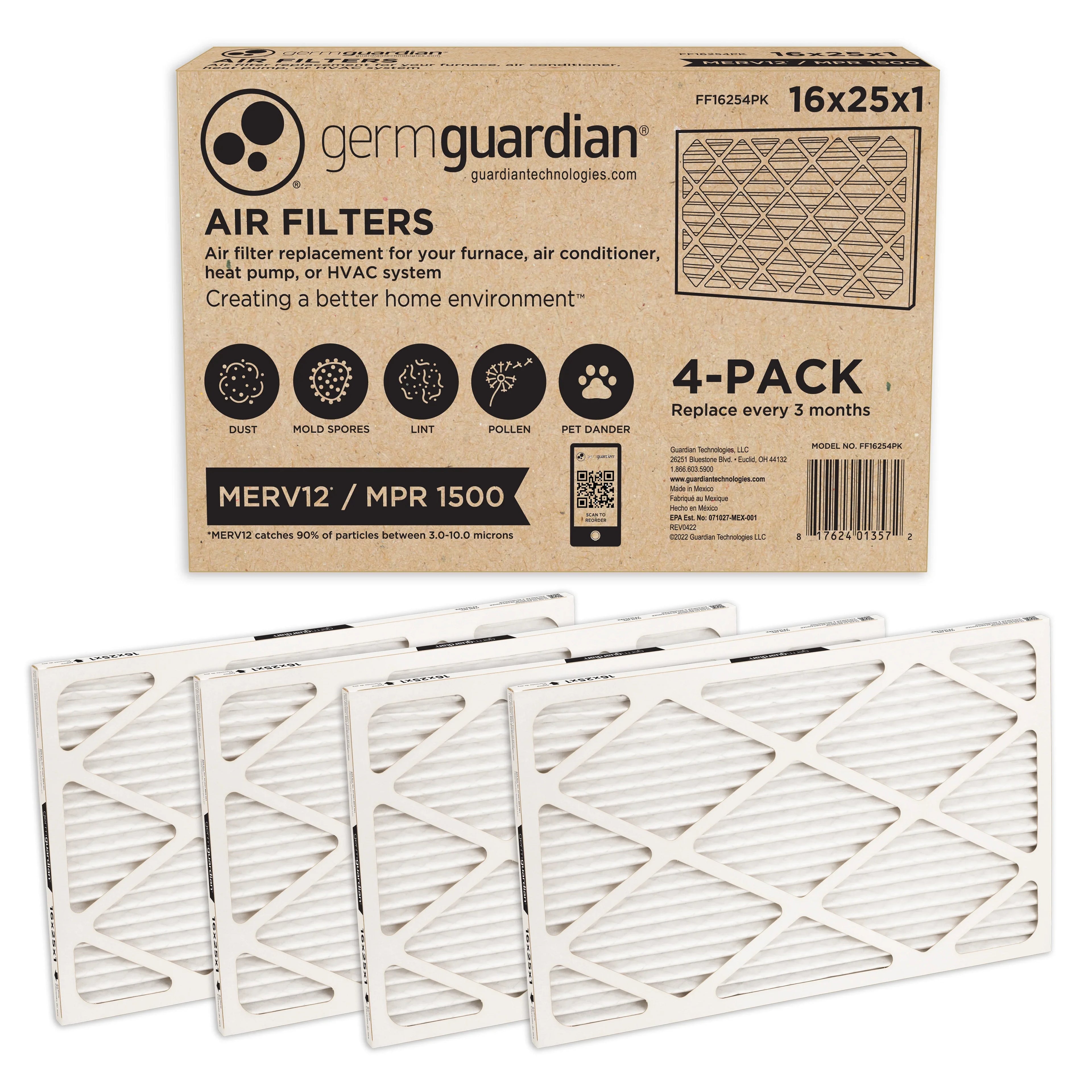 Germ Guardian 16x25x1  12 Pleated   Furnace Air Filters (4-Pack)