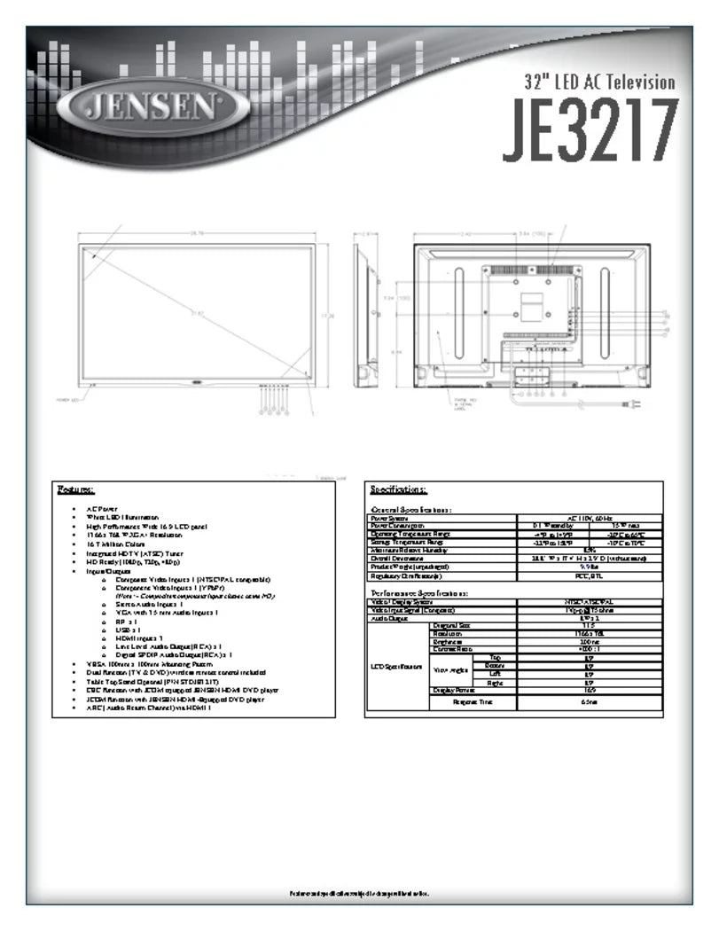 32"   Television with Integrated  () Tuner and Remote Control, 1366 x 768 + Resolution,  Ready (1080p, 720p, & 480p), High Performance Wide 16:9  panel, 110V