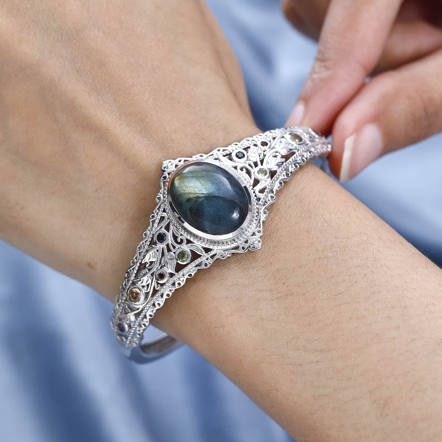 Shop  Labradorite Multi Gemstone Oval Platinum Plated Cuff Bangle Bracelet for Women Jewelry Size 7.25" Ct 15.05 Birthday Mothers Day Gifts for Mom