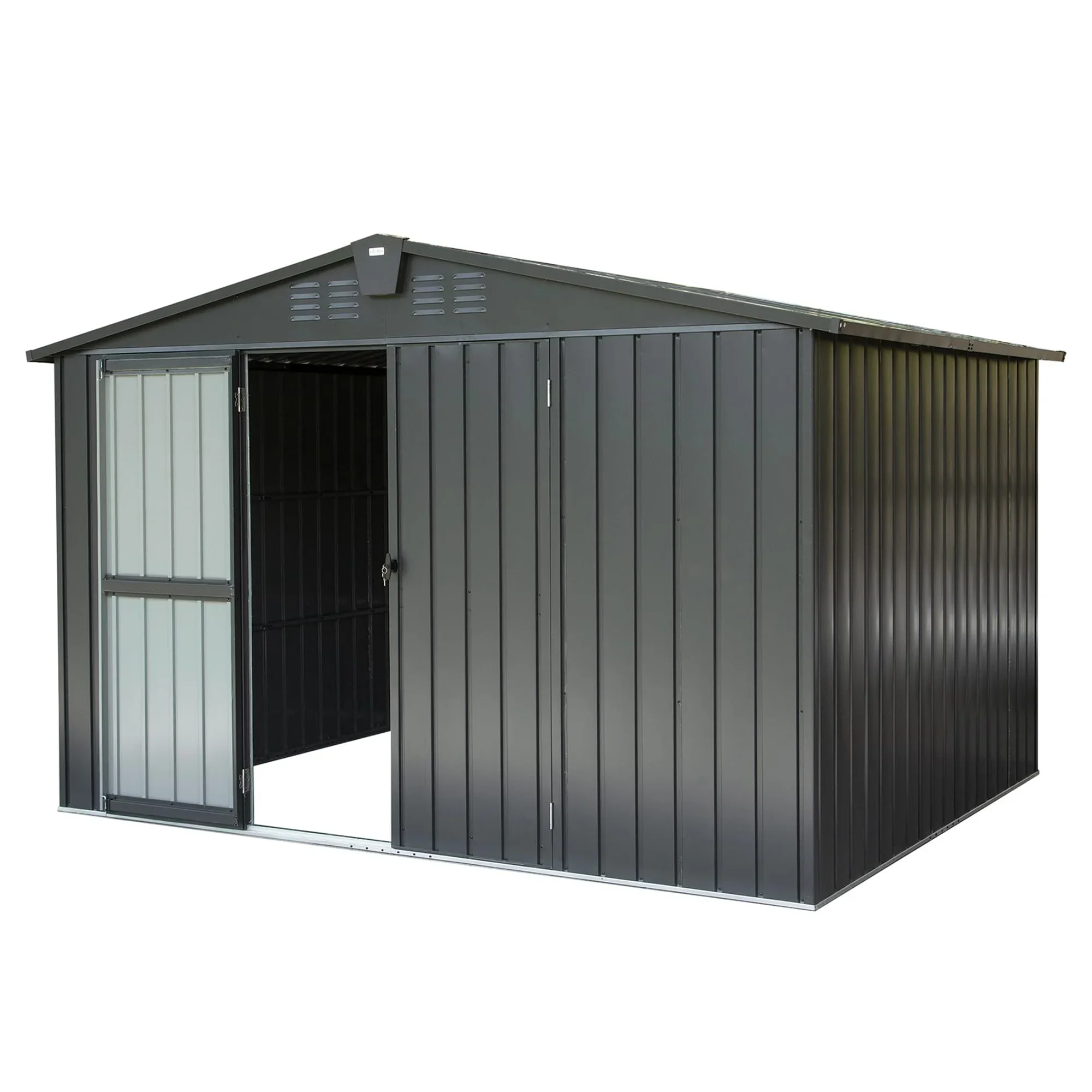 Homiyad Outdoor Storage Shed 10' 8', Metal Garden Shed for Bike, Trash Can, Tools, Galvanized Steel Outdoor Storage Cabinet with Lockable Door for Backyard, Patio, Lawn (10X8ft, Black)