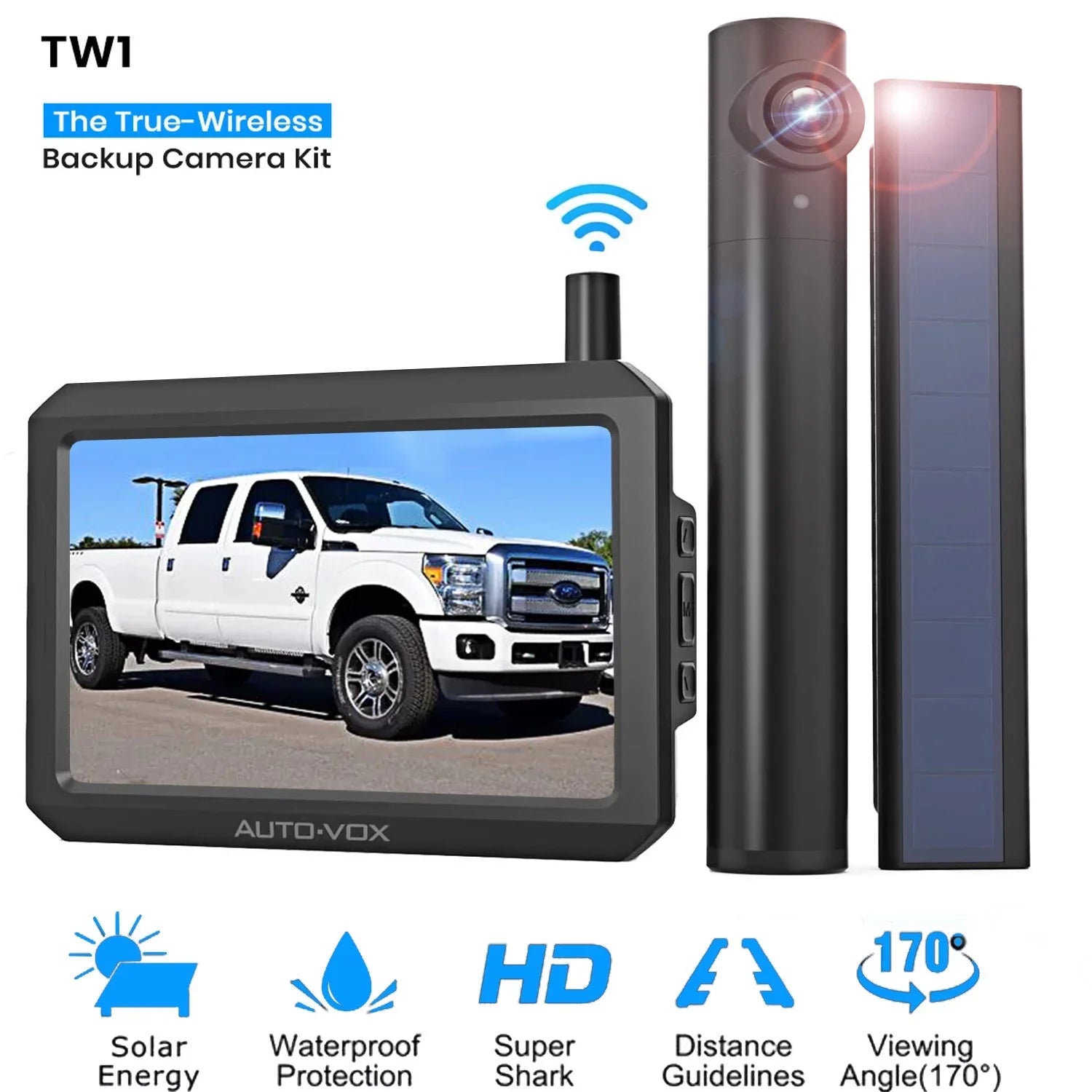 Auto-Vox Solar Wireless Backup Camera for Campervans, 2 Channel Wireless License Plate Back Up Rear View Camera with Solar Panel for Trucks Trailers ()