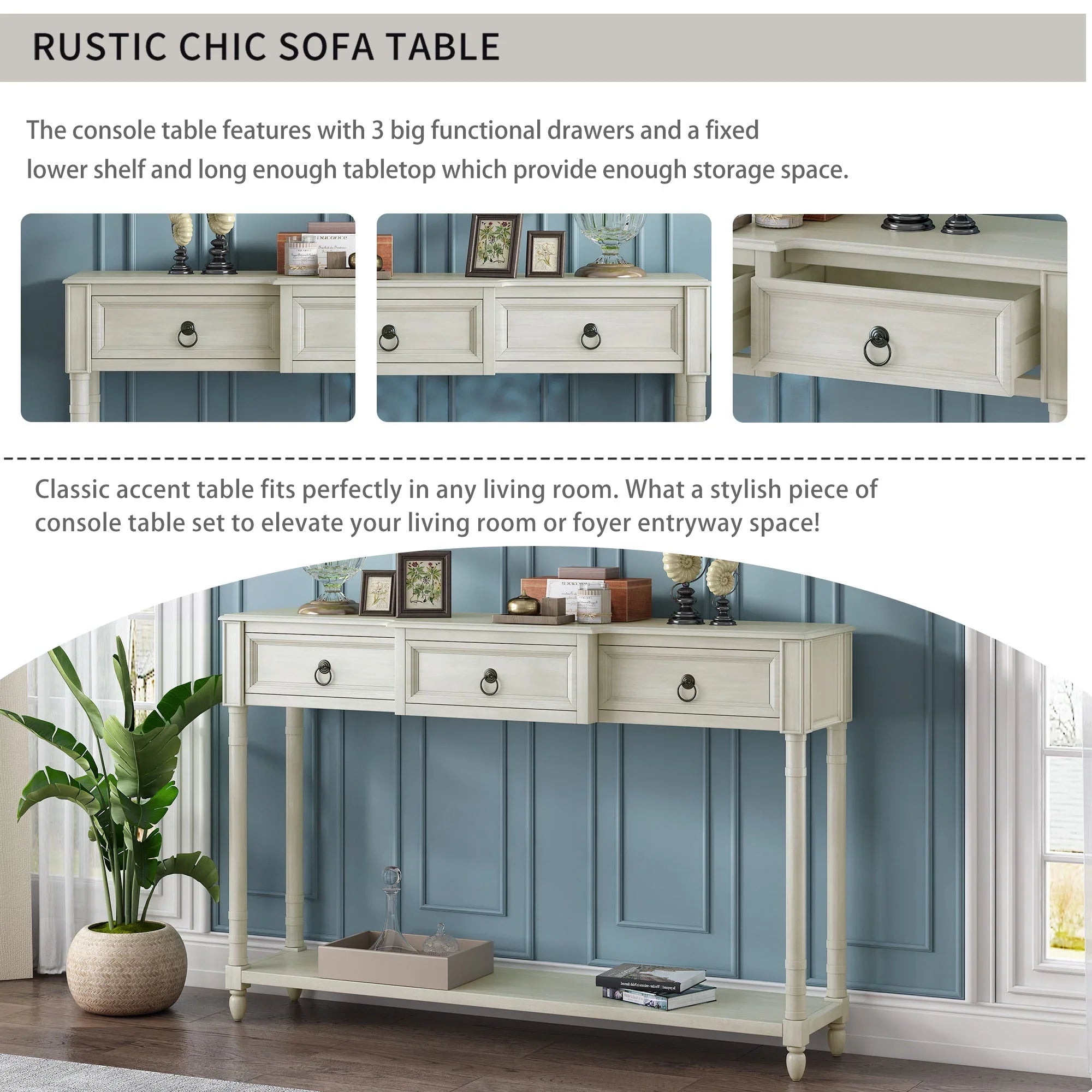 Console Table Sofa Table with Drawers for Entryway with Projecting Drawers and Long Shelf (Antique White,  : )