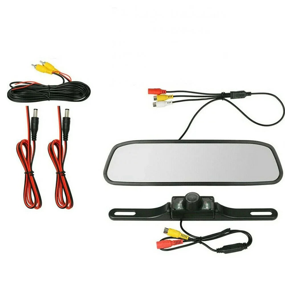Car Backup Camera Kit 4.3" Mirror Monitor Waterproof License Plate Vehicle Rear View Camera with 7   Night Vision