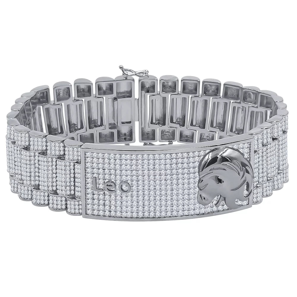 Zodiac Sign Leo Lion 14K White Gold Finish Simulated Diamond Mens Link Bracelet 8.5''