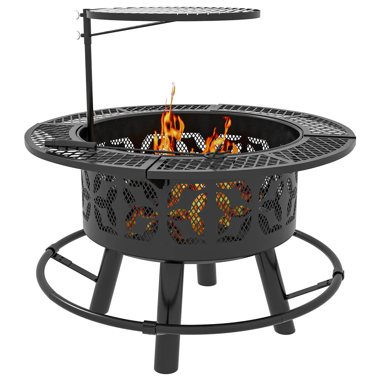Capri 33" Outdoor Fire Pit  Grill Wood Burning Firepit with Adjustable Cooking Grate and Poker, Round, for Backyard, Patio, Picnic, Black