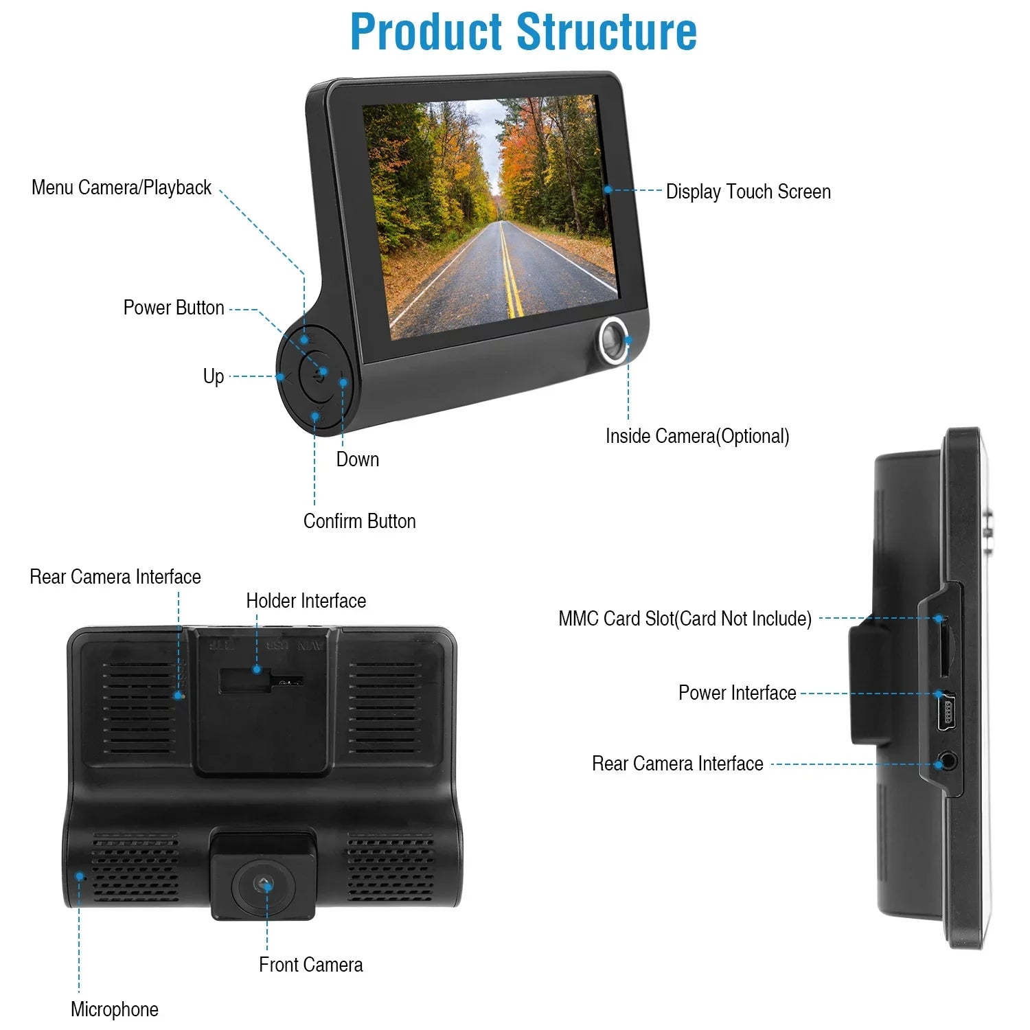 iMouTEK 1080P Touch Screen Car Dash 4in Cam Dash Camera Front and Rear Camera with -Sensor Loop Recording Motion Detection
