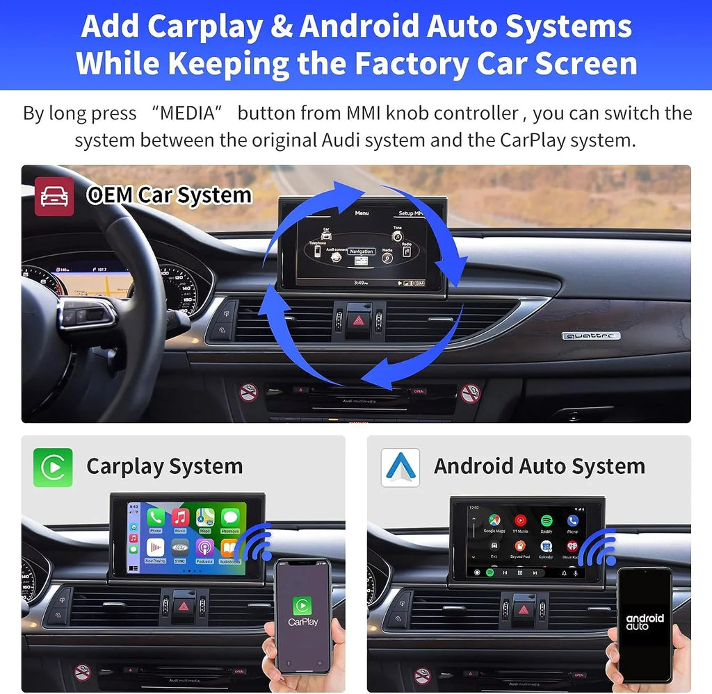 Road Top Wireless Carplay Retrofit Kit Decoder for Audi  2010-2016 Year with  3G System, fit for Audi  2016-2018 Year with , Support Android Auto, Mirrorlink, Reverse Camera