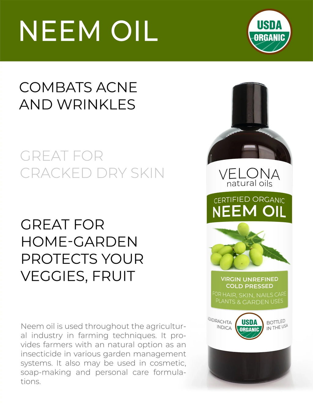 Velona Neem Oil  Certified Organic - 32 oz | 100% Pure and Natural Carrier Oil | Virgin, Unrefined, Cold Pressed | Hair, Body and Skin Care | Use Today - Enjoy Results