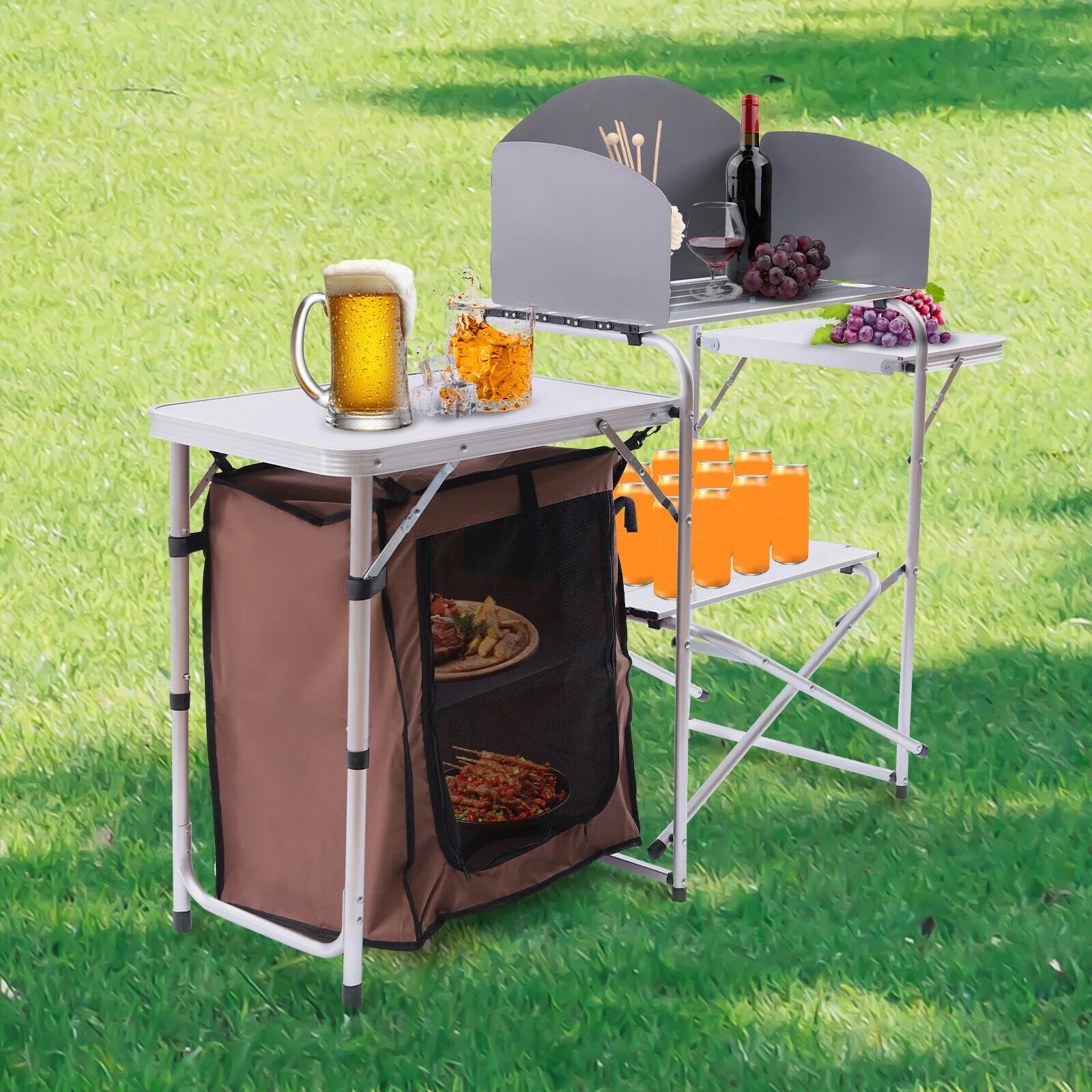 Folding Camping Kitchen Station Portable Barbecue Table Rack Brown Fabric Cover